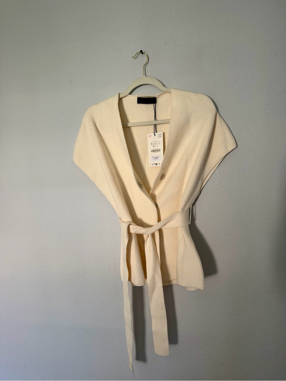Zara Cream Short-Sleeve Belted Knit Cardigan